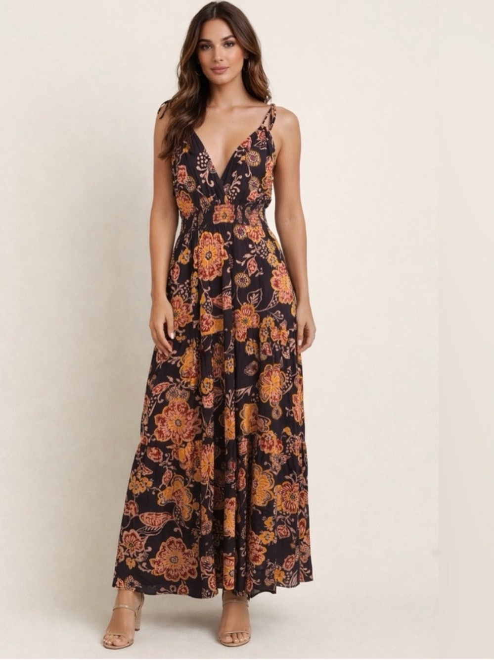 Patrons of Peace Brown Maxi Dress with Rust Floral Print